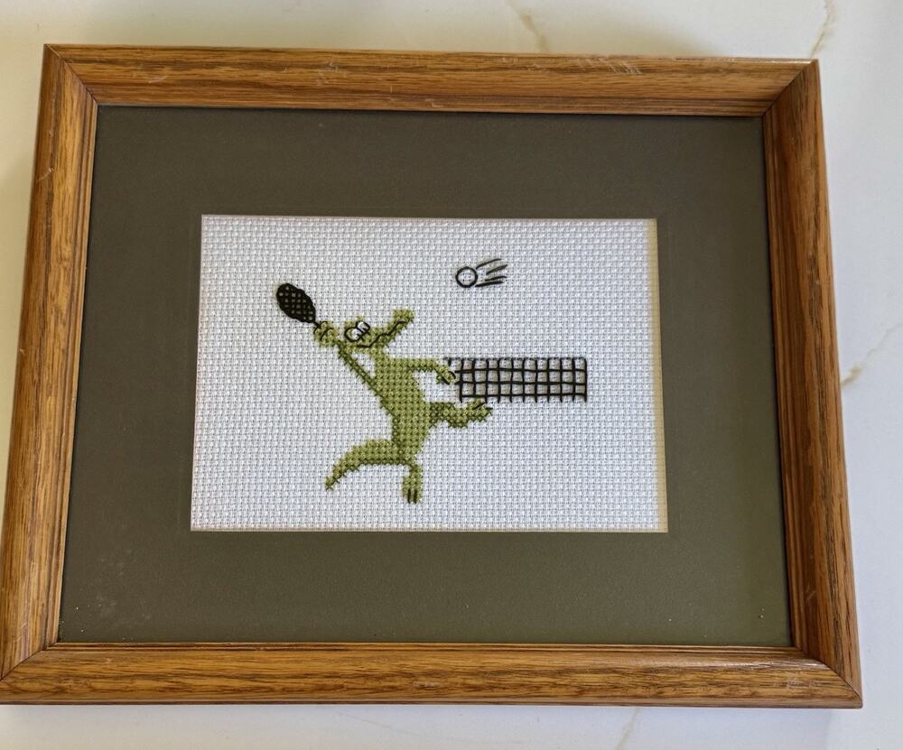 Vintage Alligator Crocodile Tennis Player Unique Cross-stitch Oak wood Frame 11”